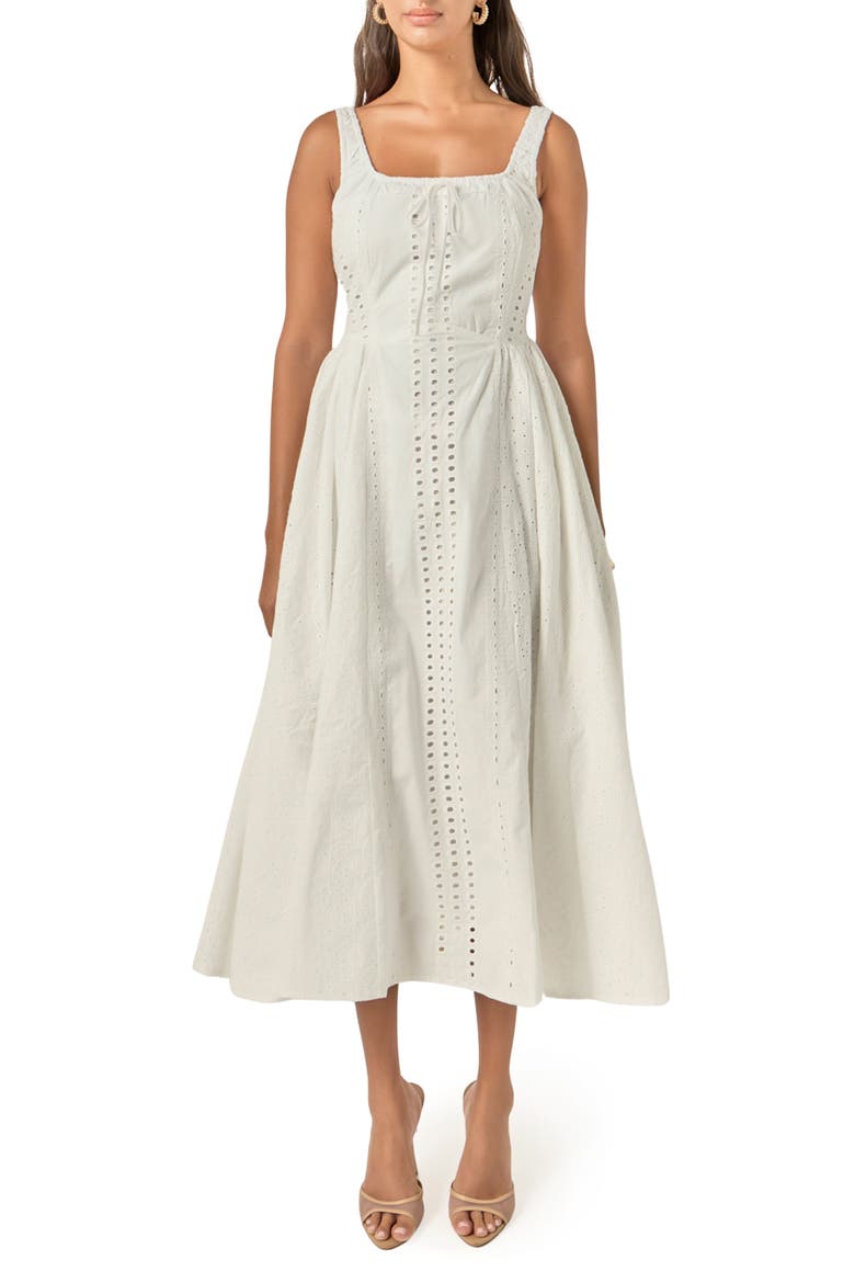 Embroidered Tie Detail Sleeveless Cotton Maxi Dress, Main, color, WHITE