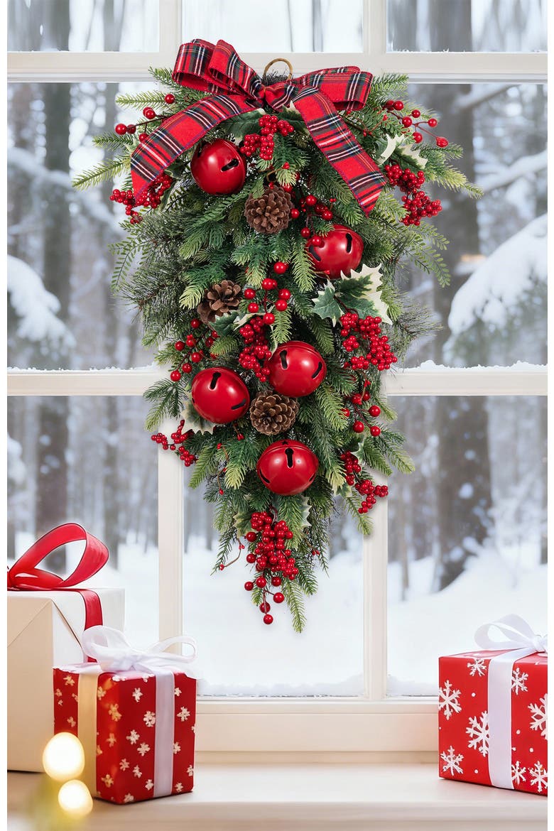Berry Pinecone and Bell Christmas Teardrop Wreath, Alternate, color, Red
