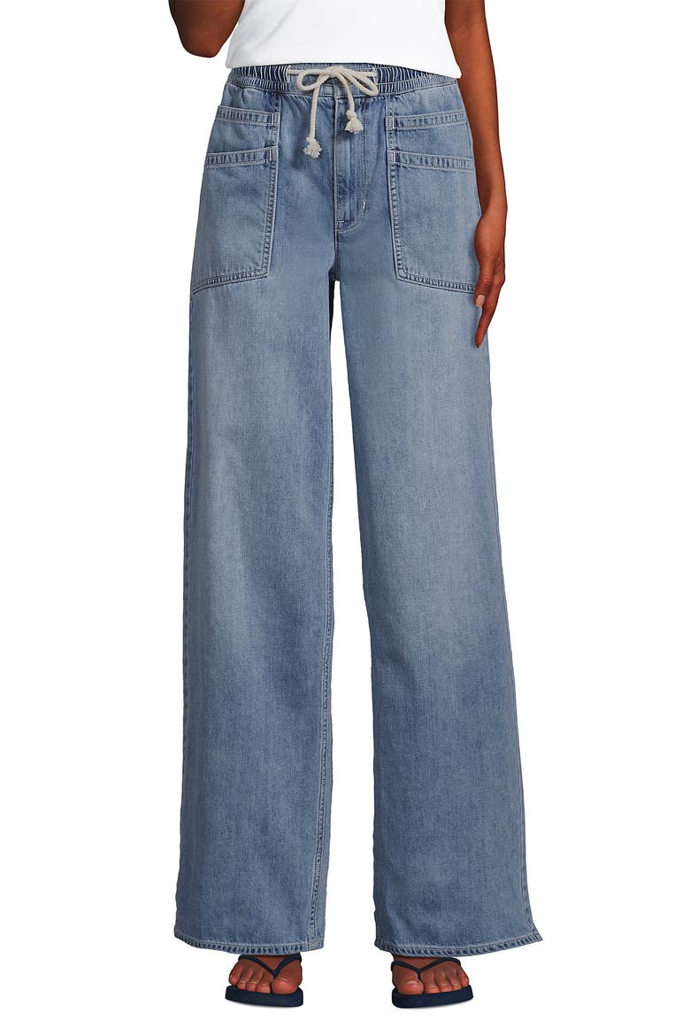 Lightweight Denim High Rise Relaxed Straight Pull On Pocket Jeans, Alternate, color, Lake Blue Wash