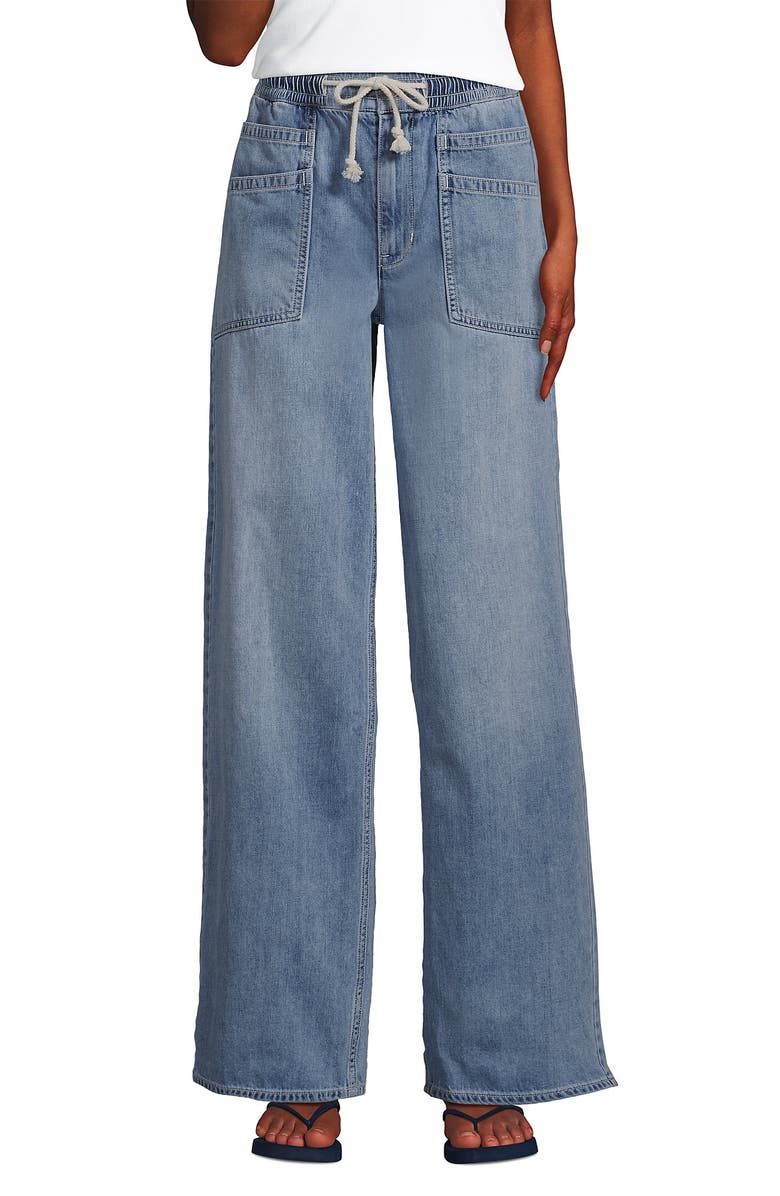 Lands' End Lightweight Denim High Rise Relaxed Straight Pull On Pocket Jeans, Alternate, color, Lake Blue Wash