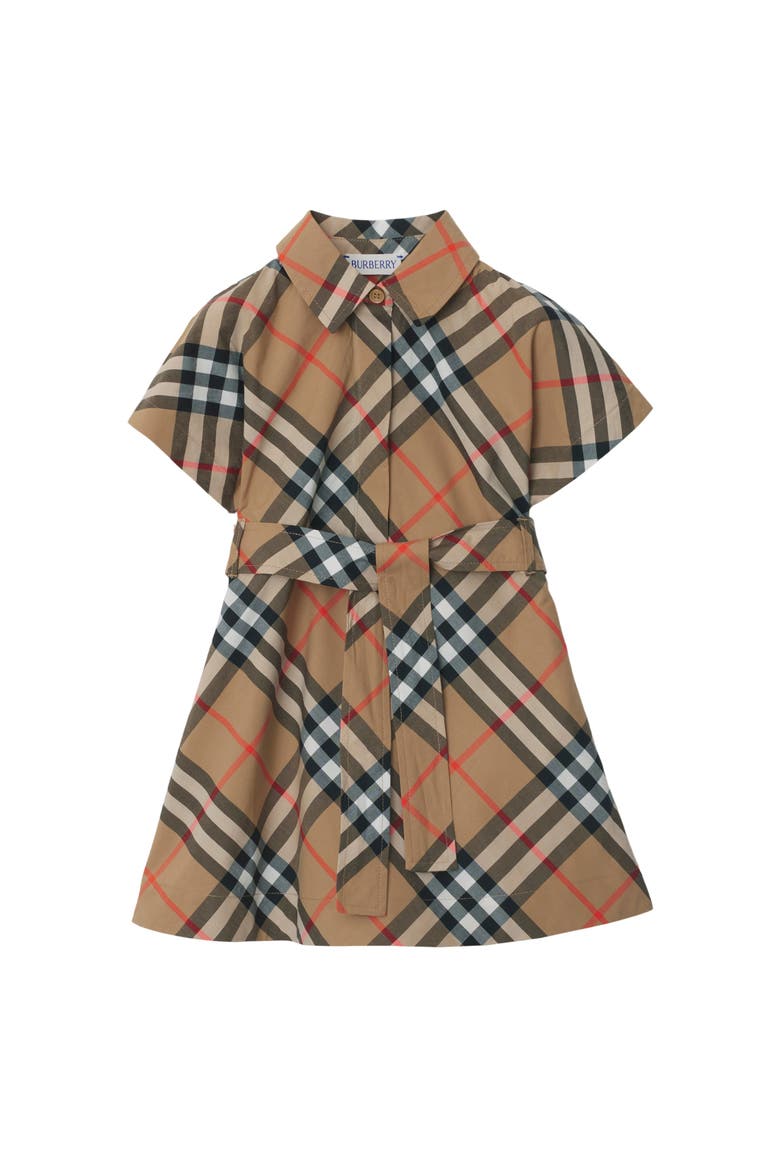 Girls' Check Cotton Shirt Dress, Main, color, Sand beige