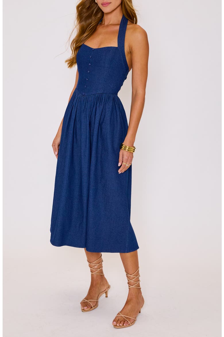Kylie Denim Halter Midi Dress, Alternate, color, DARK WASH