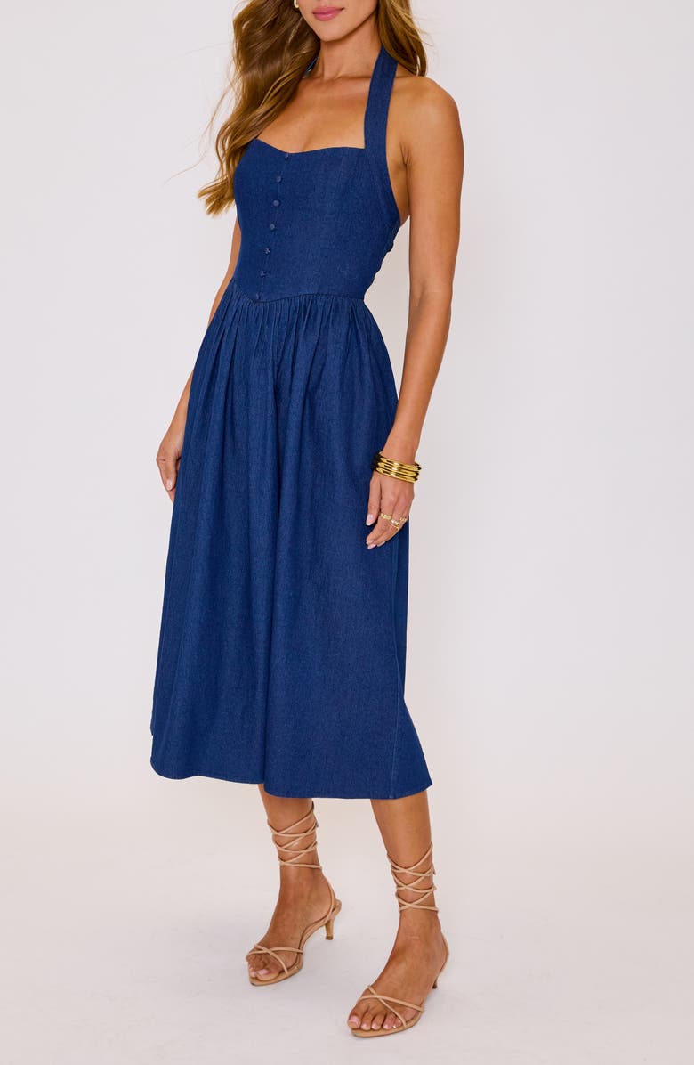 VICI Collection Kylie Denim Halter Midi Dress, Alternate, color, Dark Wash