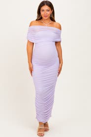 PinkBlush Ruched Mesh Foldover Off Shoulder Maxi Dress