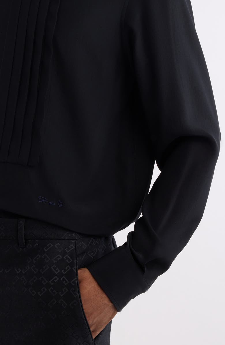 Givenchy Boxy Fit Pleated Plastron Silk Button-Up Shirt, Alternate, color, Black