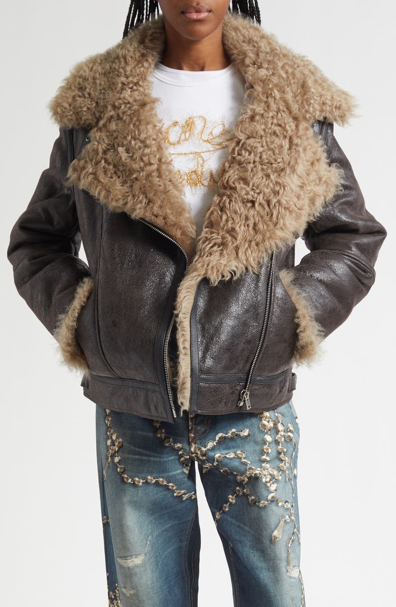 Acne Studios Luxy Genuine Shearling Lined Leather Aviator Jacket, Main, color, Dark Grey