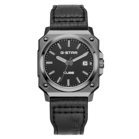 Cube - 41mm, Black Dial, Black Leather Strap, Gunmetal Square Stainless Steel Watch