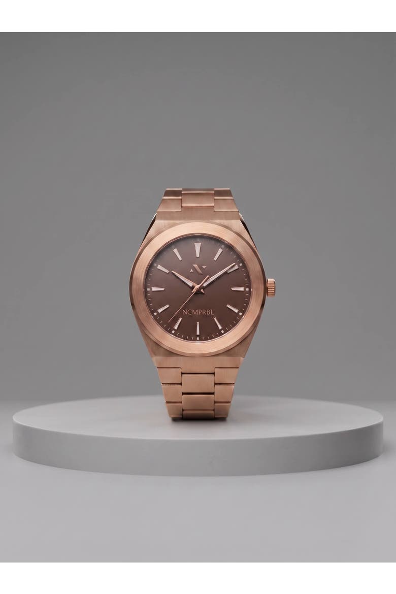 Elevate Link Mocha Swiss Quartz Bracelet Watch, 42MM, Main, color, Muted Rose Gold/Mocha