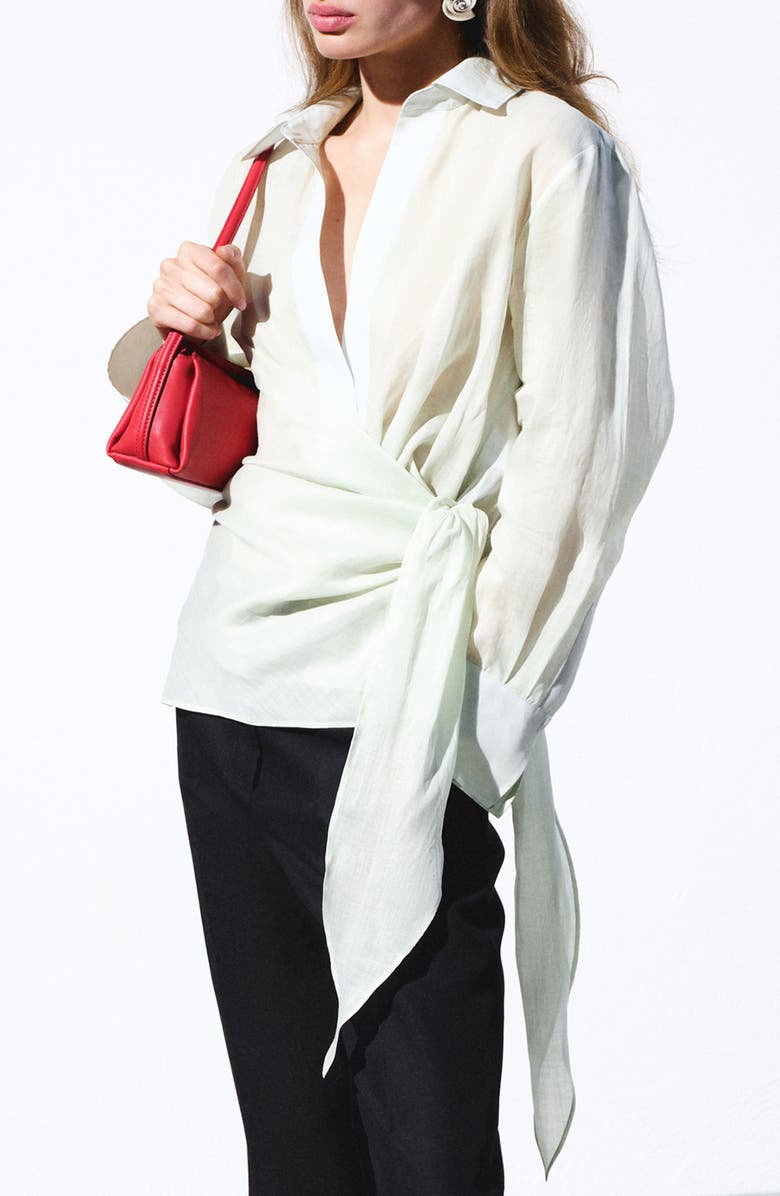 MANGO Faux Wrap Woven Shirt, Main, color, Green
