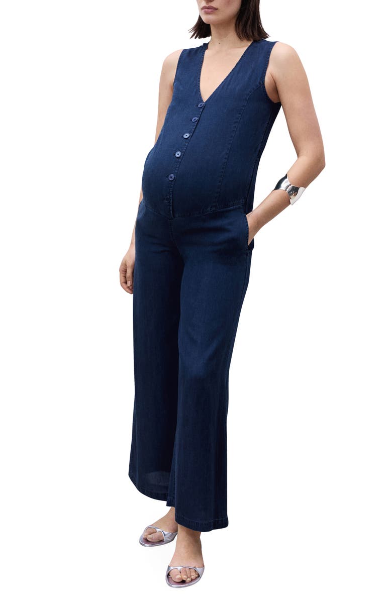 MANGO Chambray Maternity Jumpsuit, Main, color, Dark Blue