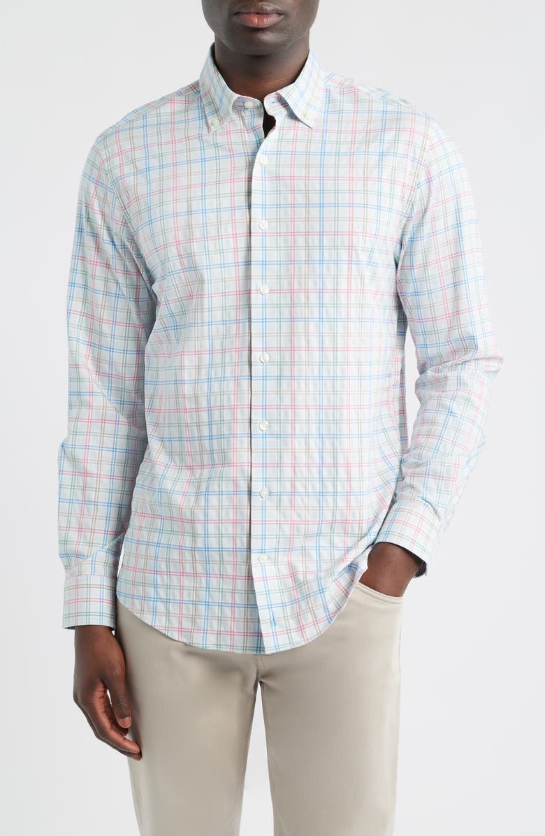 johnnie-O Bingham Tattersall Check Everyday Performance Button-Down Shirt, Main, color, Gulf Blue