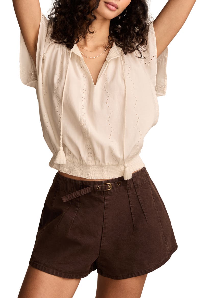 Embroidered Eyelet Short Sleeve Smocked Hem Top, Main, color, TOFU