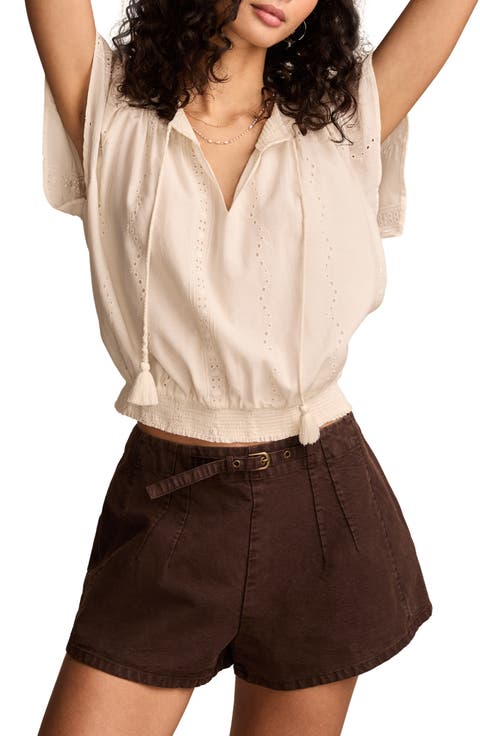 Embroidered Eyelet Short Sleeve Smocked Hem Top