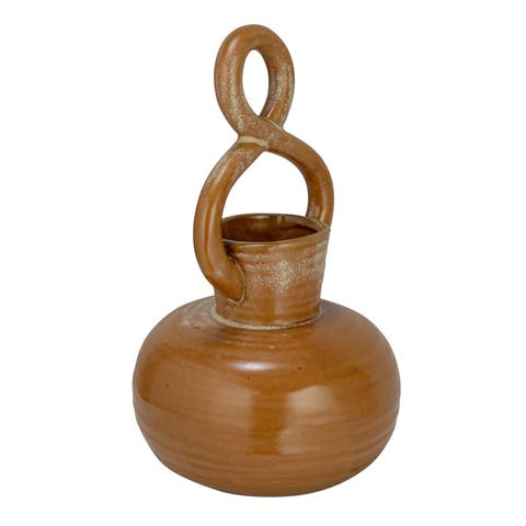 Round Decorative Stoneware Vase with Twisted Handle and Reactive Glaze, Brown
