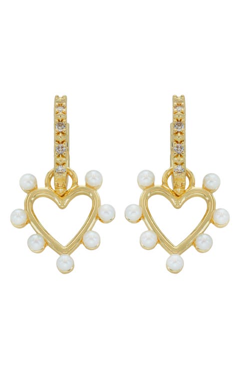 Faux Pearl & Crystal Heart Drop Earrings