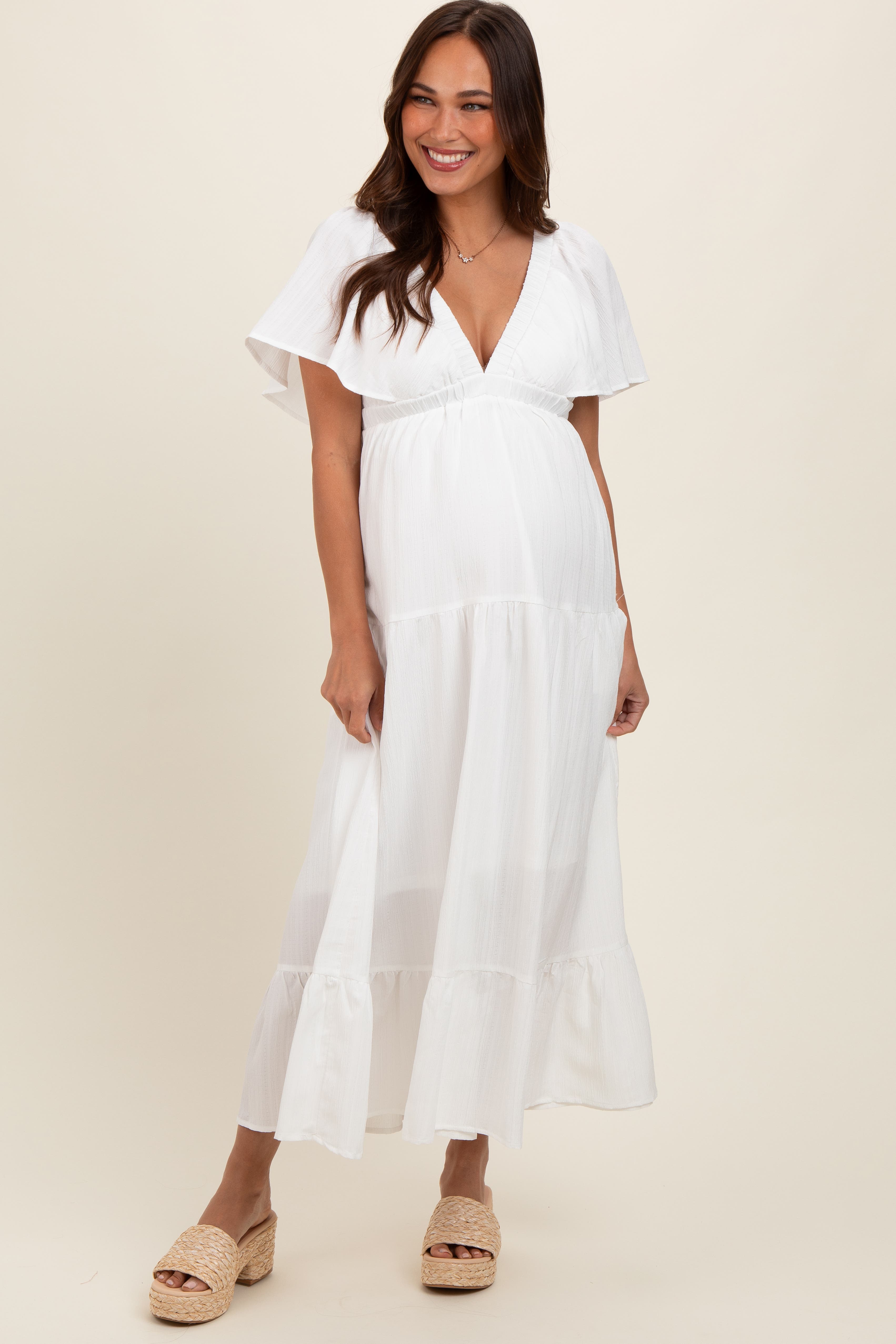 Deep V-Neck Flutter Sleeve Tiered Midi Dress - image 2