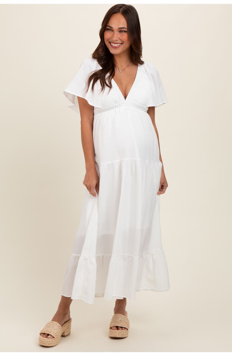 PinkBlush Deep V-Neck Flutter Sleeve Tiered Midi Dress, Alternate, color, Ivory