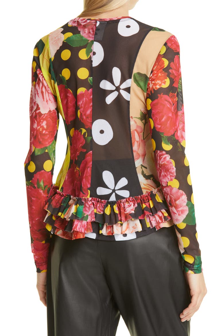 Women's Patchwork Ruffle Hem Mesh Top, Alternate, color, BLACK YELLOW MIX