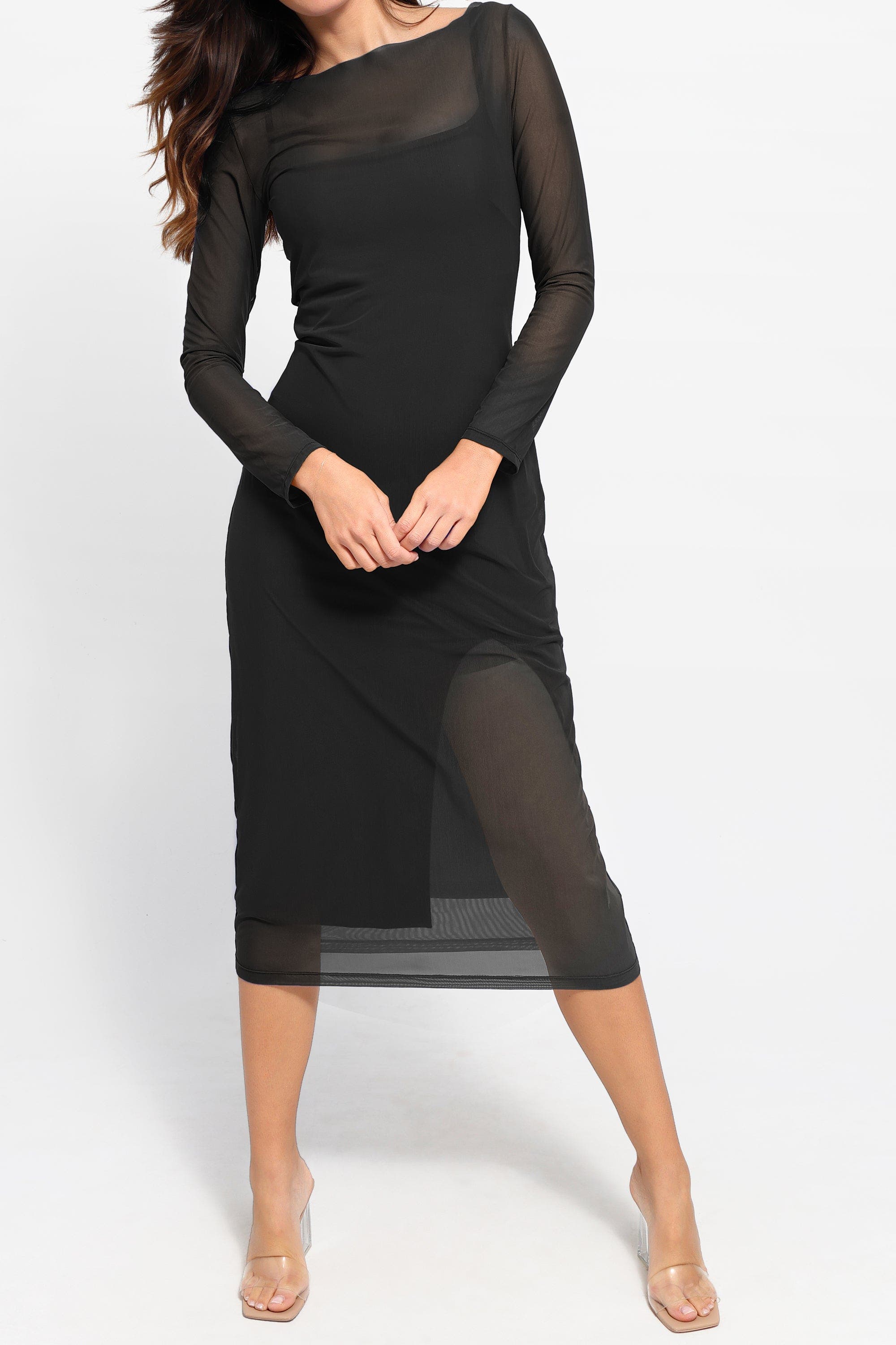 Popilush Shapewear Slimming Midi Work Dress and Sheer Mesh Overlay Set ...