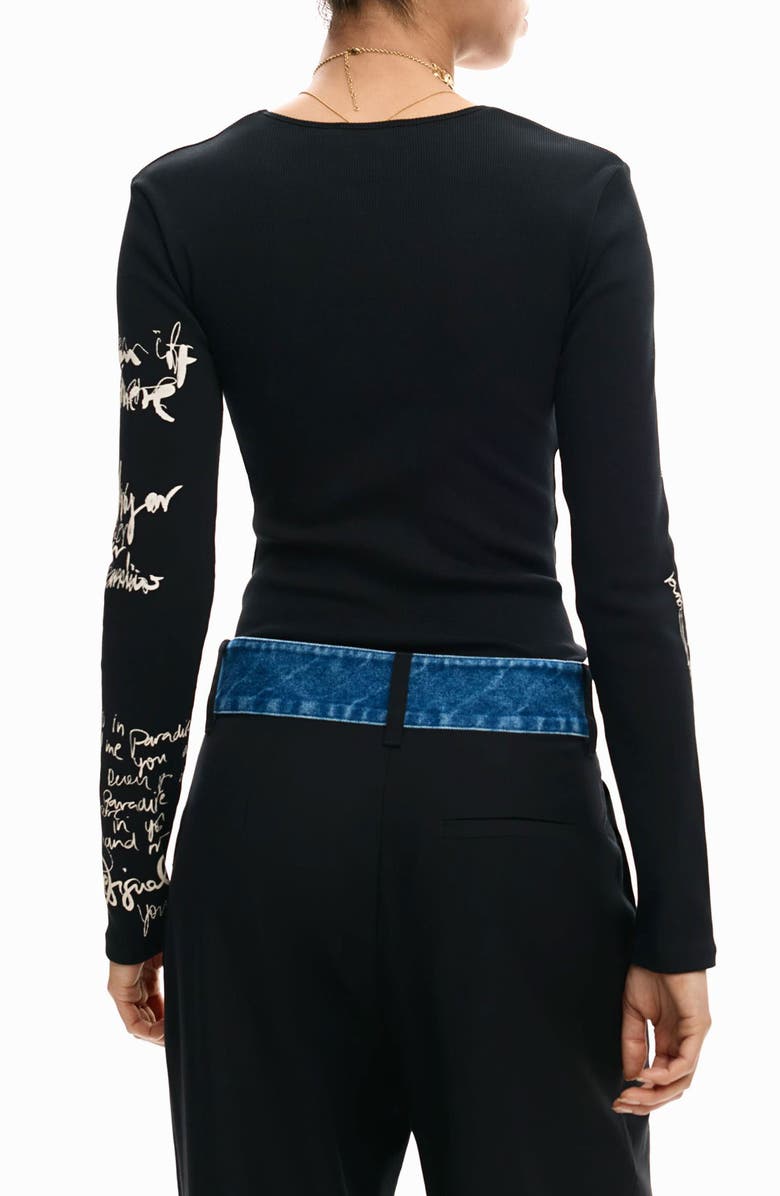 Desigual Cutout Long Sleeve Cotton Graphic T-Shirt, Alternate, color, Black