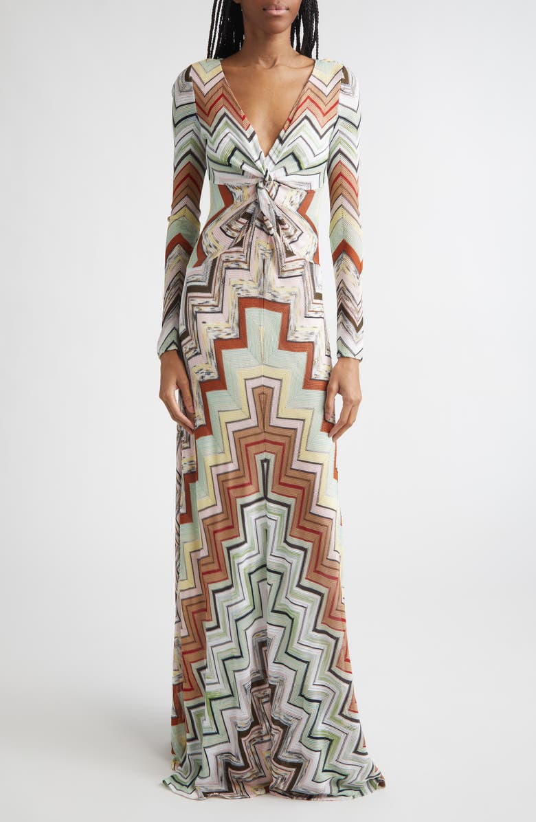 Missoni Long Sleeve Twist Front Zigzag Knit Maxi Dress, Main, color, Multi Green Camel White Pink