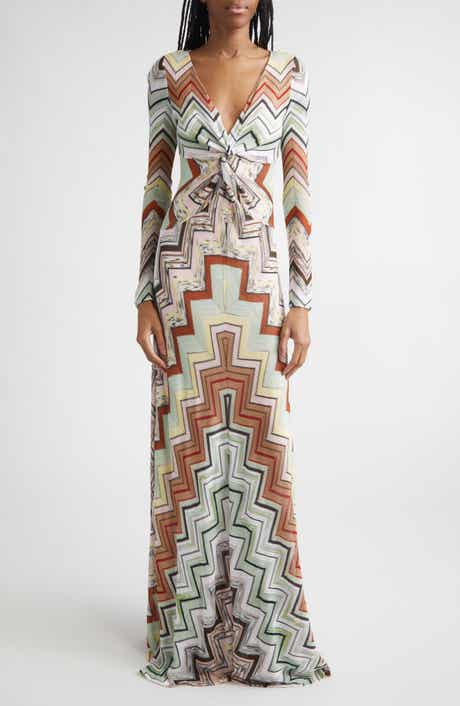 Long Sleeve Twist Front Zigzag Knit Maxi Dress