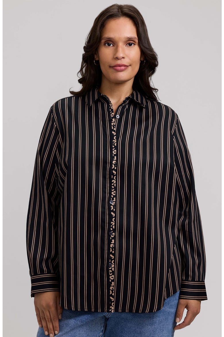 Charlie Stripe Animal Print Trim Cotton Button-Up Shirt, Alternate, color, BLACK/ ALMOND