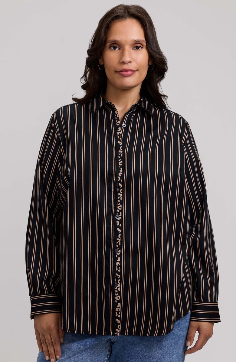 Foxcroft Charlie Stripe Animal Print Trim Cotton Button-Up Shirt, Alternate, color, Black/ Almond