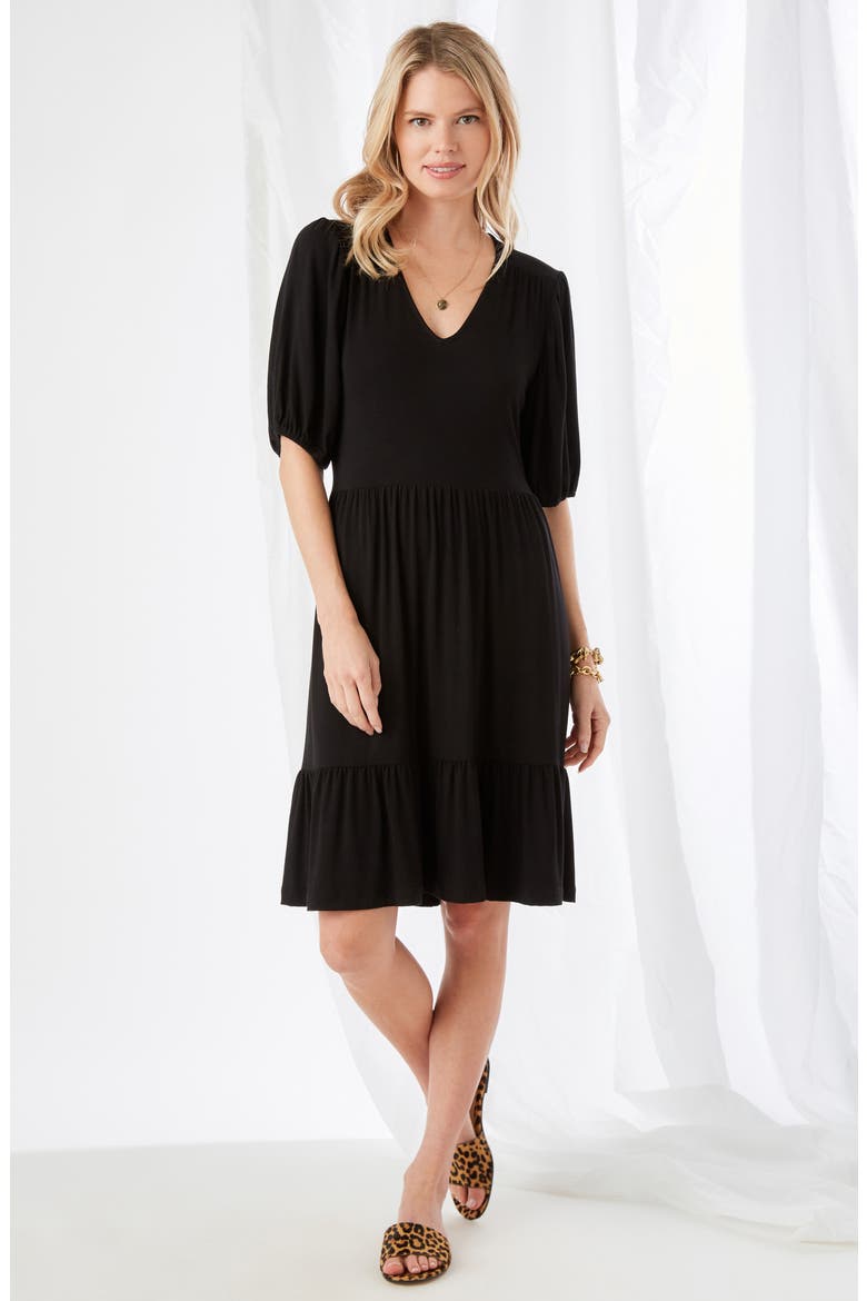 Tiered Puff Sleeve Dress, Alternate, color, BLACK