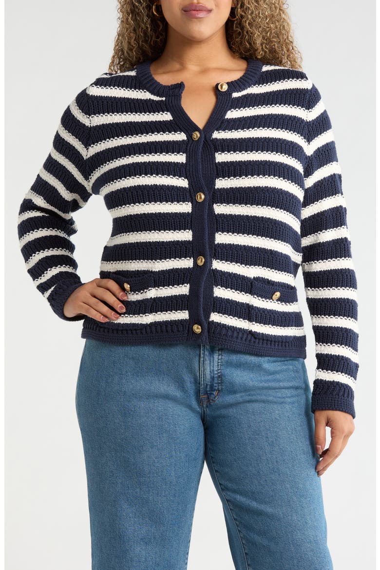 Stripe Rib Knit Button-Up Cardigan, Alternate, color, NAVY- IVORY PEGGY STRIPE