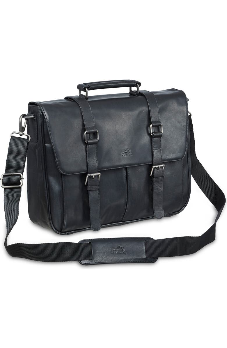 Mancini Flap Leather Briefcase, Main, color, Black