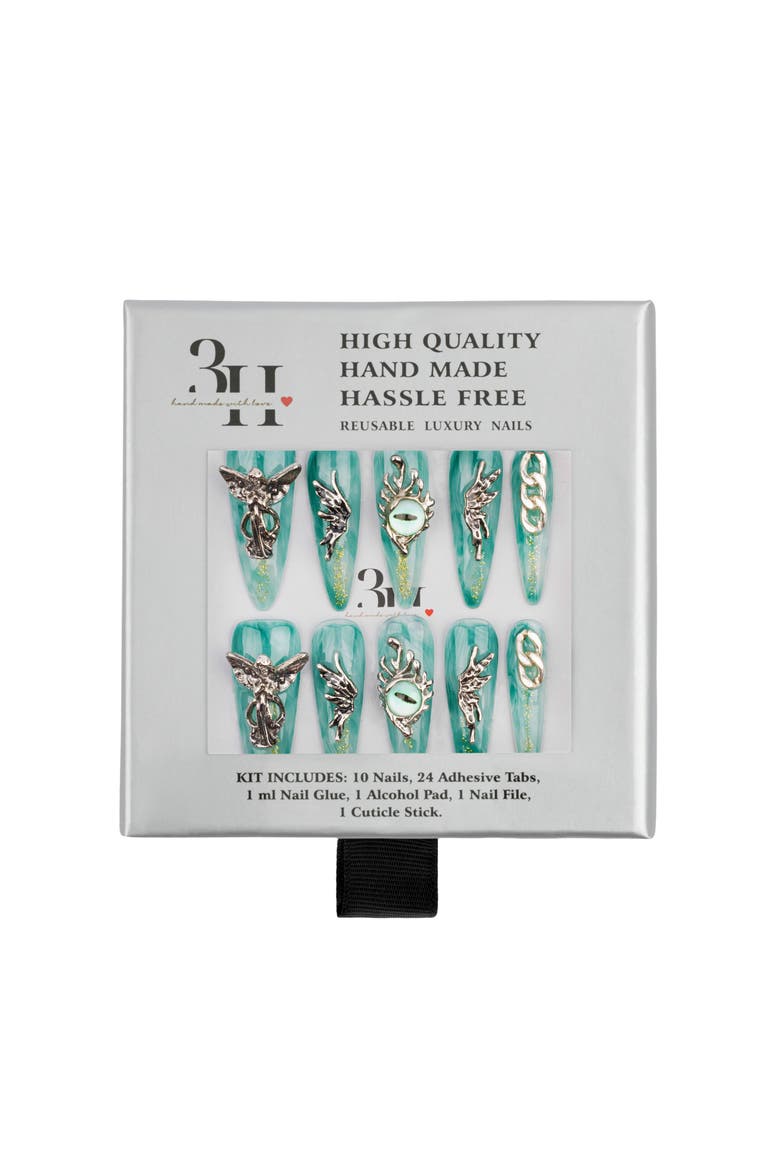 Emerald Elegance Luxury Handmade Press On Nails, Main, color, Aquamarine