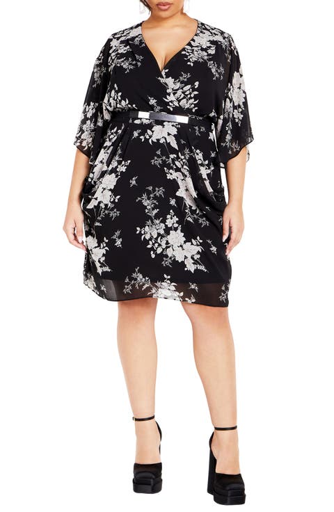 Bouquet Flutter Sleeve Faux Wrap Dress (Plus)