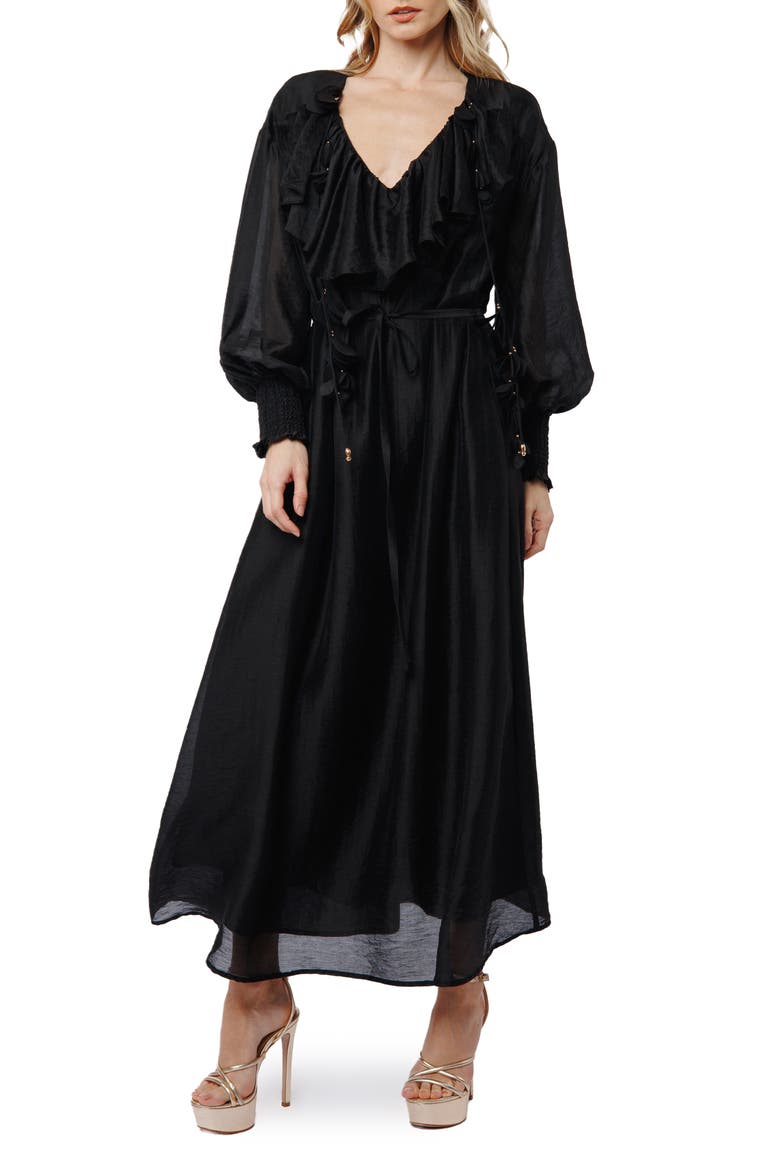 Kiyelle Ruffle Long Sleeve Maxi Dress, Main, color, BLACK