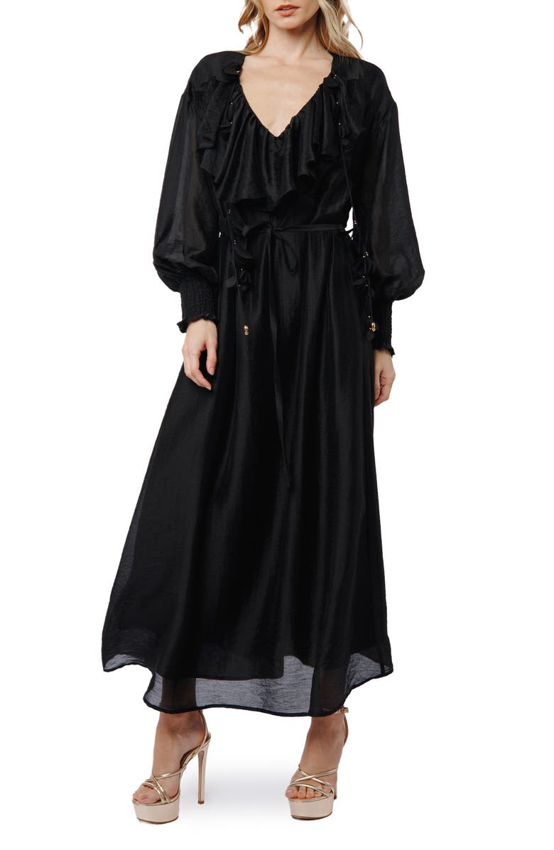 CIEBON Kiyelle Ruffle Long Sleeve Maxi Dress, Main, color, Black