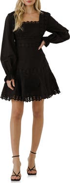 Endless Rose Lace Trim Long Sleeve Cotton & Linen Dress