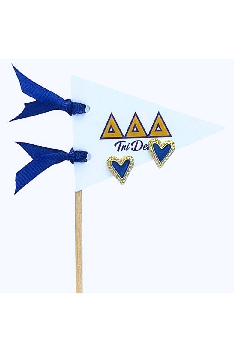 Delta Delta Delta Heart Stud Enamel Earrings on Sorority Pennant Flag, Main, color, Yellow Gold