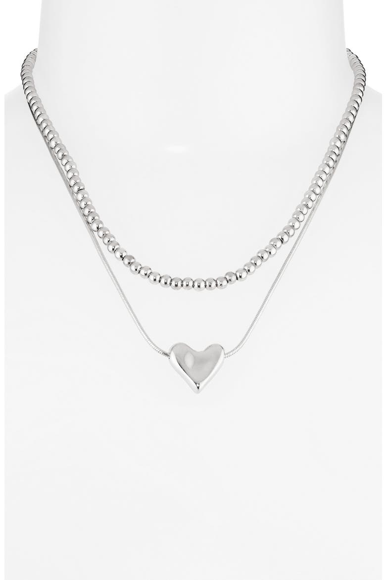 Set of 2 Bead Chain & Puffy Heart Pendant Necklaces, Alternate, color, RHODIUM