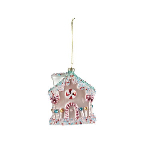 Glass Candy House Ornament with Glitter and Beaded Detail