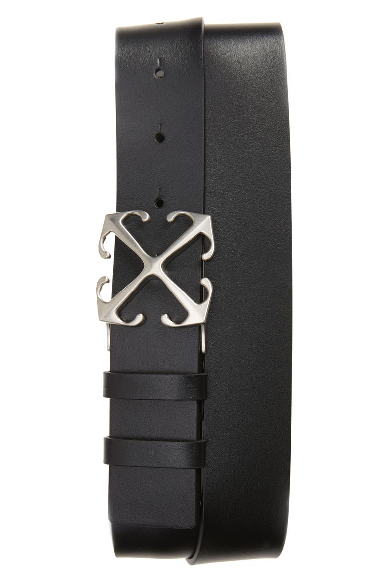 Arrow Buckle Leather Belt, Main, color, BLACK