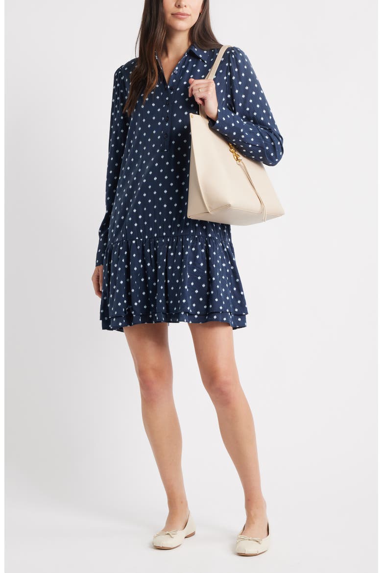 Flounce Hem Long Sleeve Mini Shirtdress, Alternate, color, NAVY- IVORY MOCK DOT