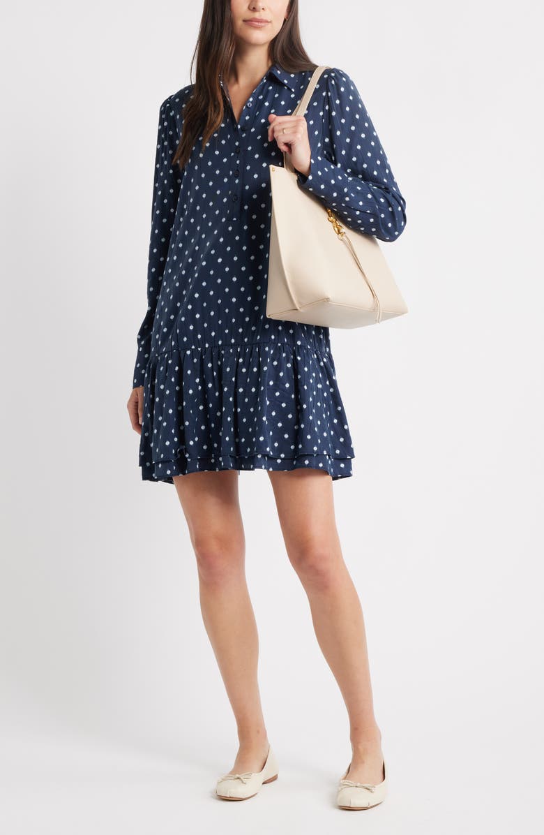 Caslon<sup>®</sup> Flounce Hem Long Sleeve Mini Shirtdress, Alternate, color, Navy- Ivory Mock Dot