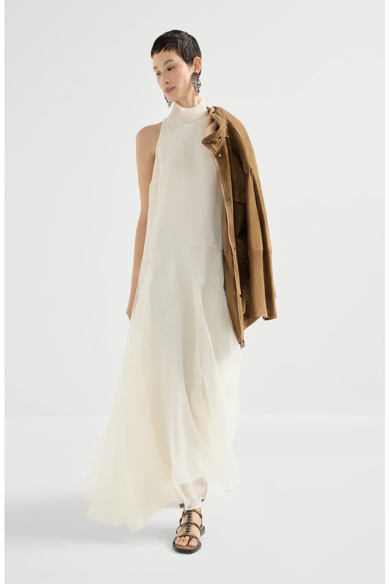 Crispy silk dress with monili, Alternate, color, Butter
