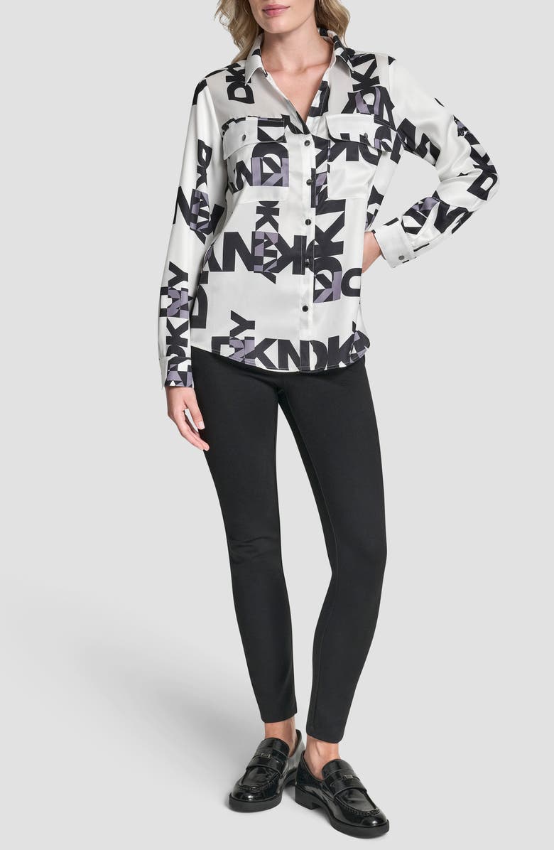 DKNY Roll-Tab Cuff Button-Up Shirt, Alternate, color, White/ Black