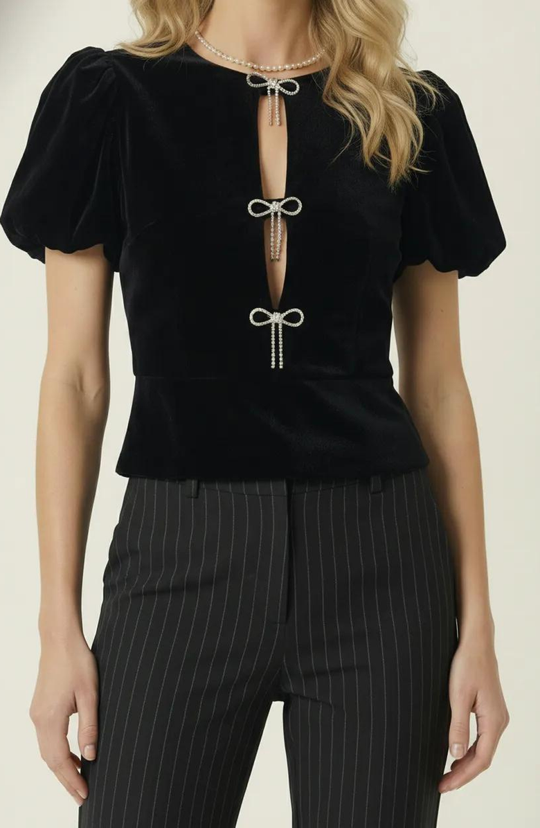 Modenaire Velvet Puff Sleeve Keyhole Top, Main, color, Black