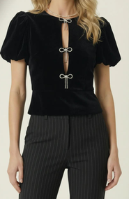 Modenaire Velvet Puff Sleeve Keyhole Top