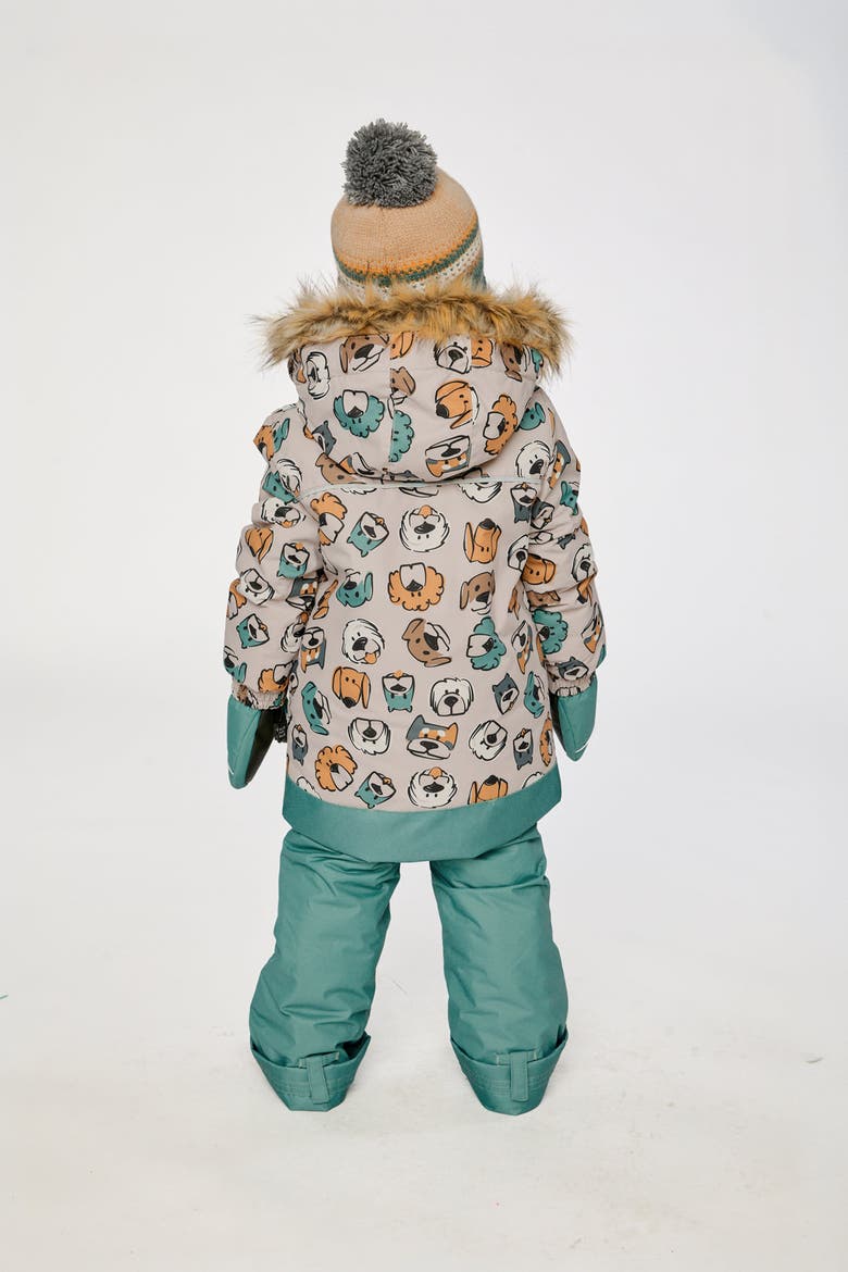 Discover Dog Fleece Jacket Snow Pants Two Piece Snowsuit, Alternate, color, Beige Printed with Dogs