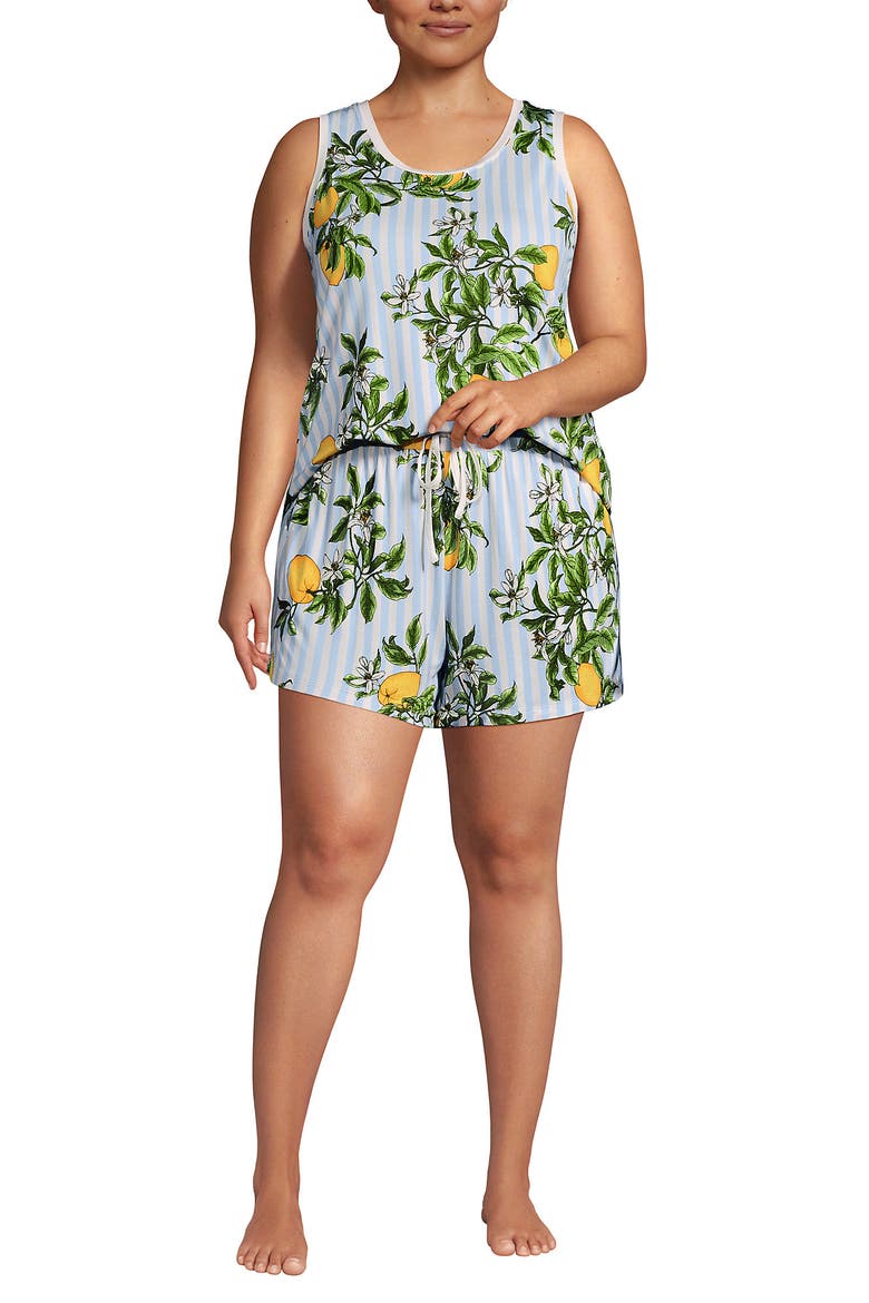 Cooling 3 Piece Pajama Set - Robe Tank and Shorts, Alternate, color, Misty Blue Citrus Stripe