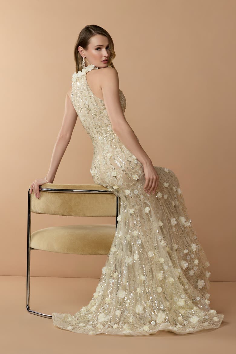 Beaded Lace Halter Neck Sleeveless Mermaid Gown, Alternate, color, Butter