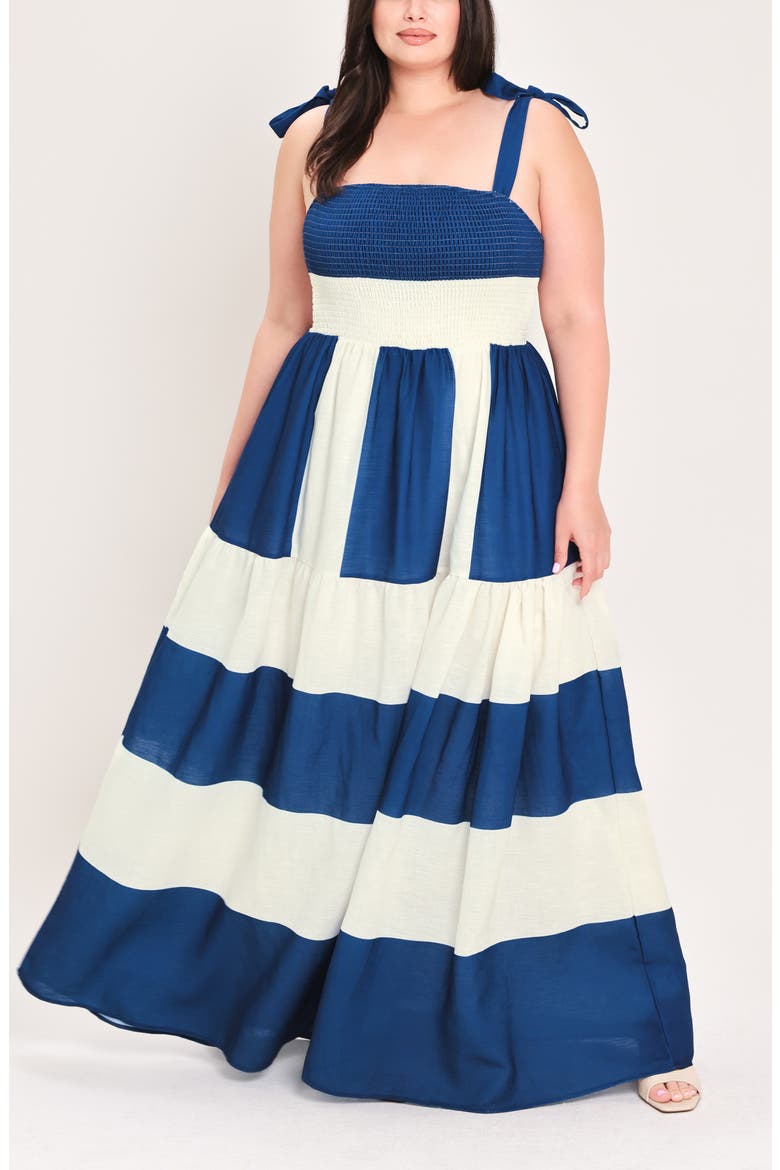 Striped Smocked Tiered Maxi Dress, Alternate, color, OFF WHITE/ BLUE